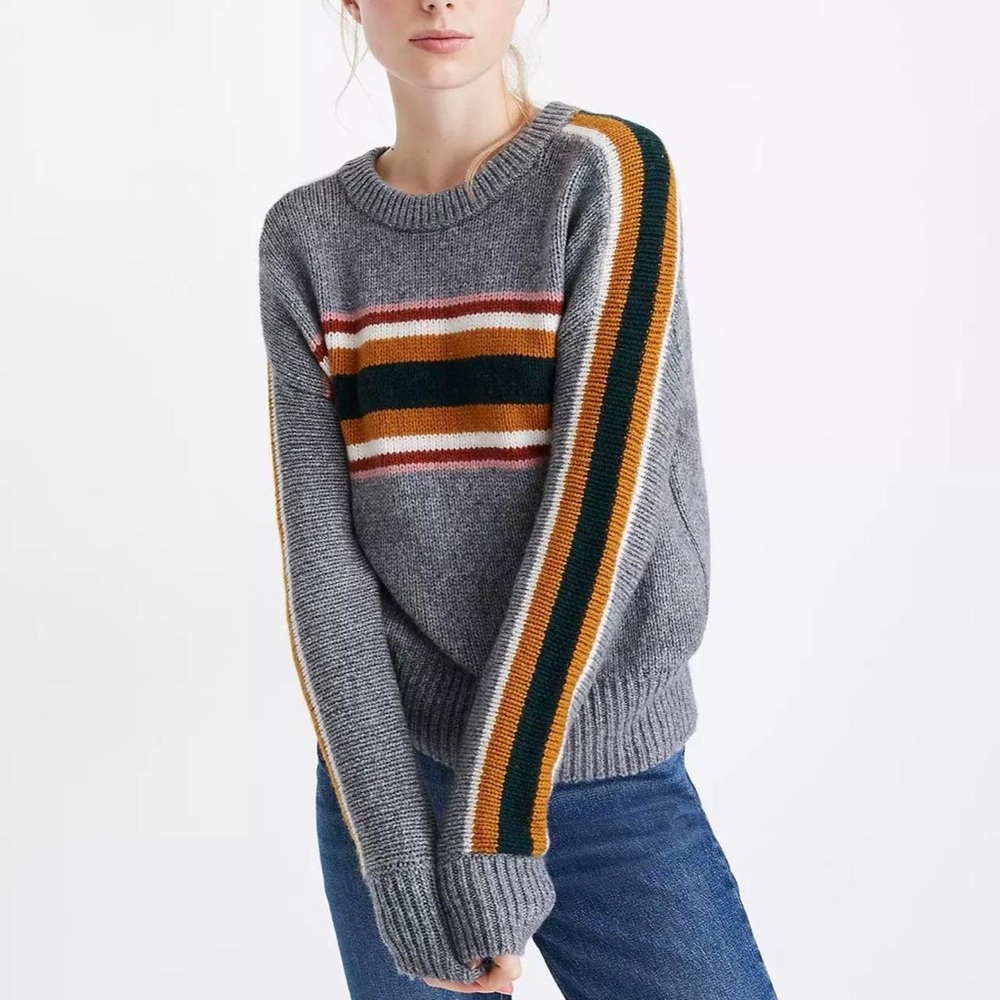 Madewell Striped Heath Pullover Sweater Small Wool Alpaca Gray Pink Green Gold